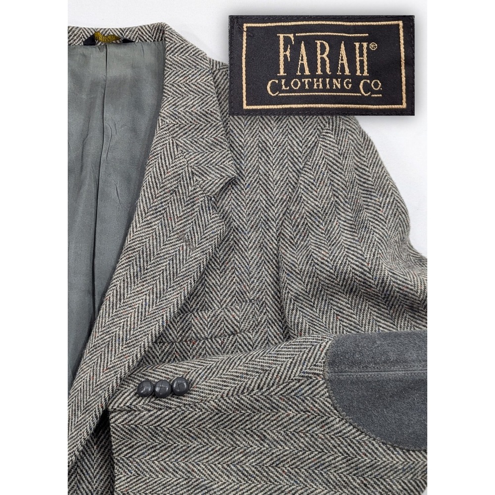 Farah Wool Blazer Sports Western Suit Jacket‎ Herringbone Wool 40R Elbow Patch